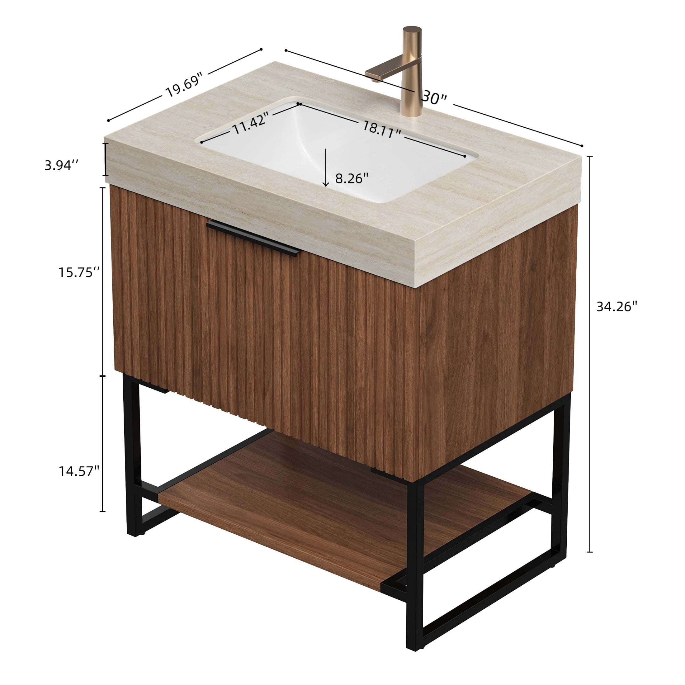 30" Pre-assembled Freestanding Bathroom Vanity with Sintered Stone Top, Drawer and Open Shelf Storage Cabinet