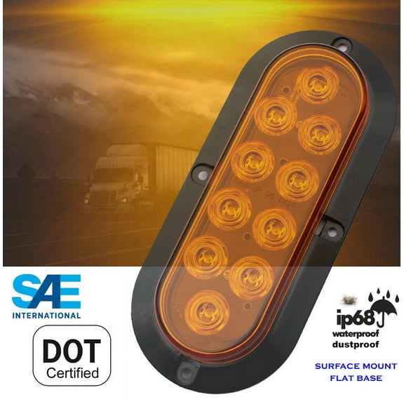 Amber Yellow 6" Oval LED Light Waterproof Surface Mount Turn Tail Signal Parking for Truck Trailer Tractor Jeep RV Flat Base DOT SAE Approved