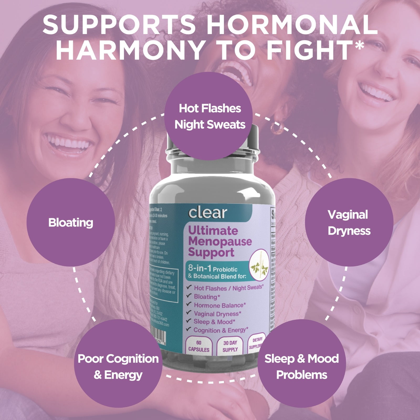 Clear Ultimate Menopause Support – Herbal & Probiotic Blend for Hot Flashes, Night Sweats, Vaginal Dryness & Hormone Balance – with Black Cohosh, Maca, DIM, Dong Quai & Red Clover – 60 Capsules