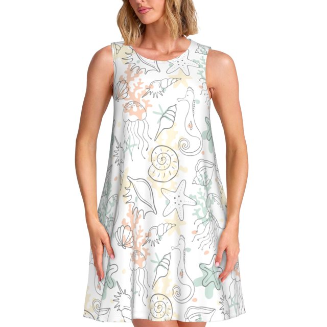 Easygdp Sea Animals para Vestido Transpirable de Mujer, Vestido Suelto de Manga Corta con Pliegues y Bolsillos para el Verano