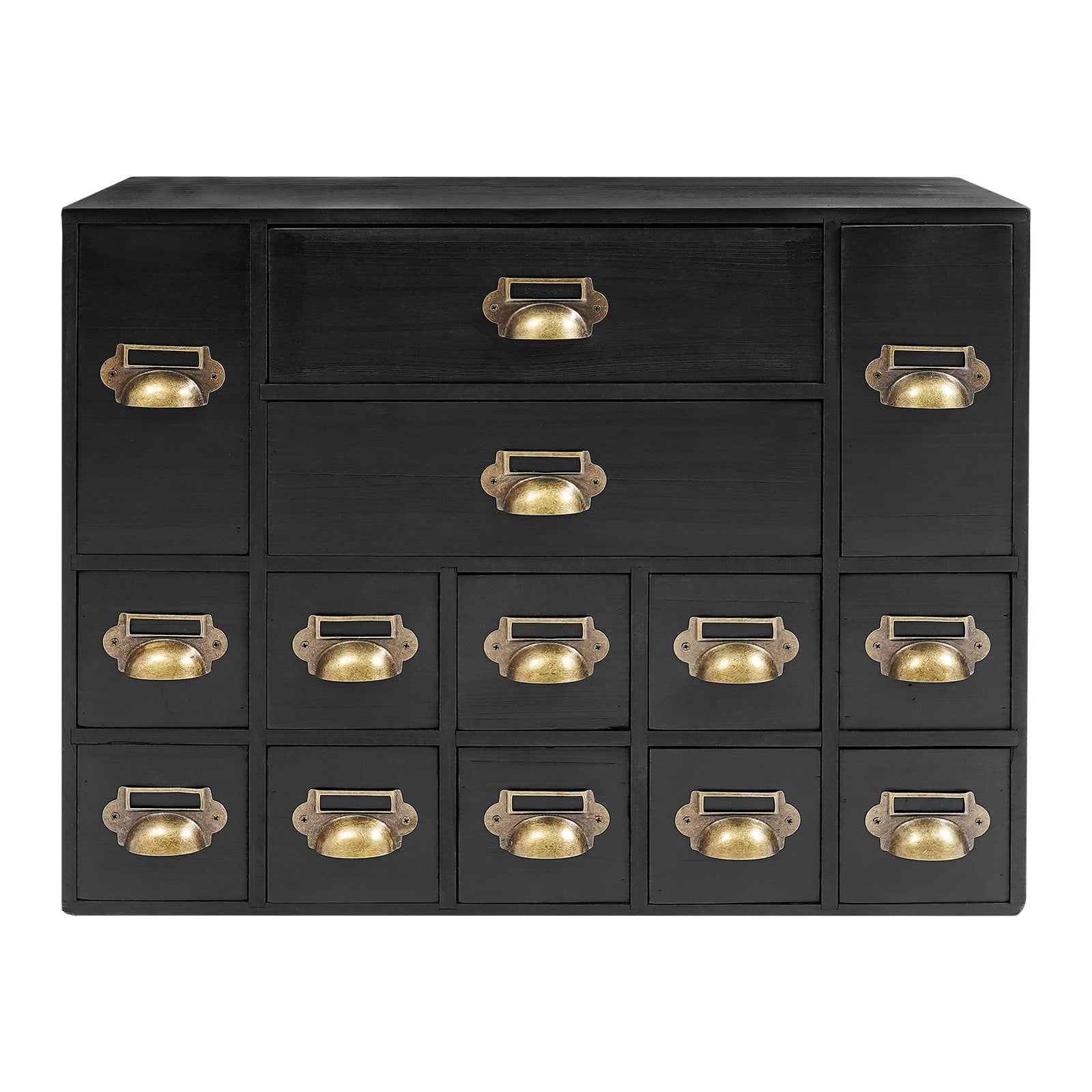 14-Drawer Wood Desk Drawer Organizer, Vintage Tabletop Apothecary Cabinet with 3 different size, Card Catalog Cabinet Desk Organizer for Medicine, Tea Bags, Instant Coffee and Office Supplies (Black)