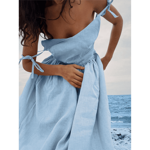 Vestido de Verano 2025 para Mujer, con Escote en V y Tirantes Finos, Sin Espalda, Sin Mangas, Informal, para Fiesta y Playa Azul L