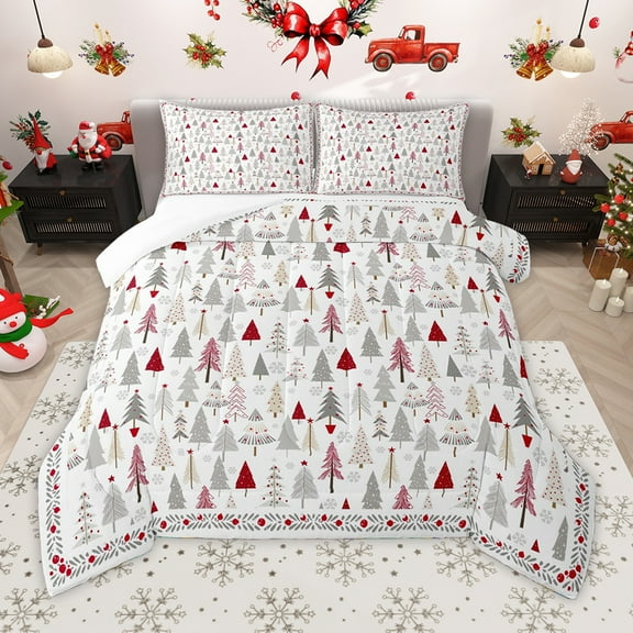 Homewish Colorful Xmas Tree Bedding Comforter Set,Merry Christmas Twin Comforter Sets,Gray White Red Bedding Set For Girls Kids,Super Cozy Room Decor,2 Pieces