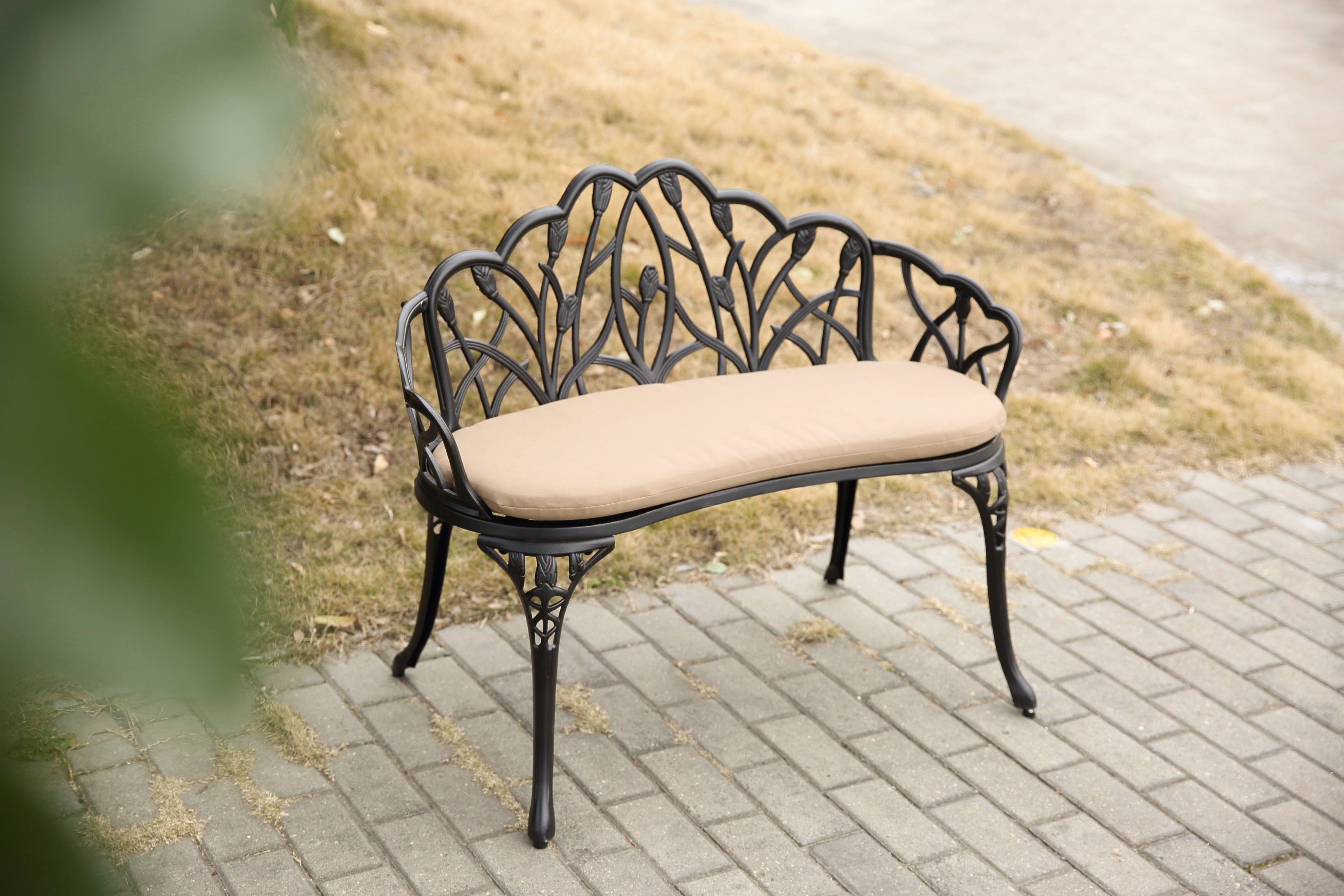 Cast Aluminum Tulip Garden Bench with Cushion, Weather-Resistant Outdoor Park Bench for Patio and Lawn, Black