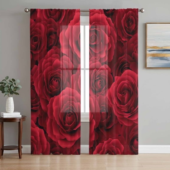 Red Roses Sheer Curtains 72 Inch Length 2 Panels Set, Valentine's Day Flowers Floral Vintage Voile Window Treatment Rod Pocket Curtains Sheers Drapes for Bedroom/Living Room/Kitchen 52"x72"x2