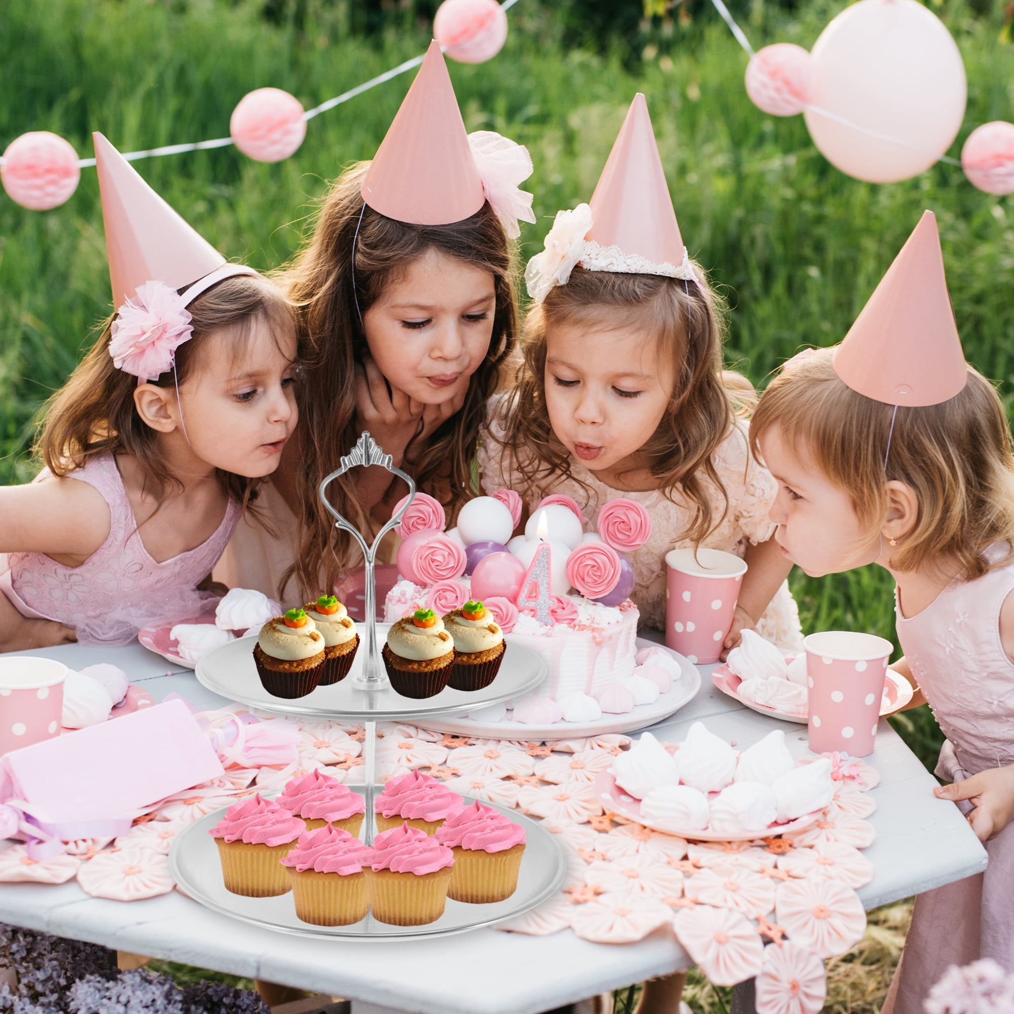 Unique Bargains 2 Tier Dessert Cupcake Stand Holder Cup Cake Holder Tower Silver Tone