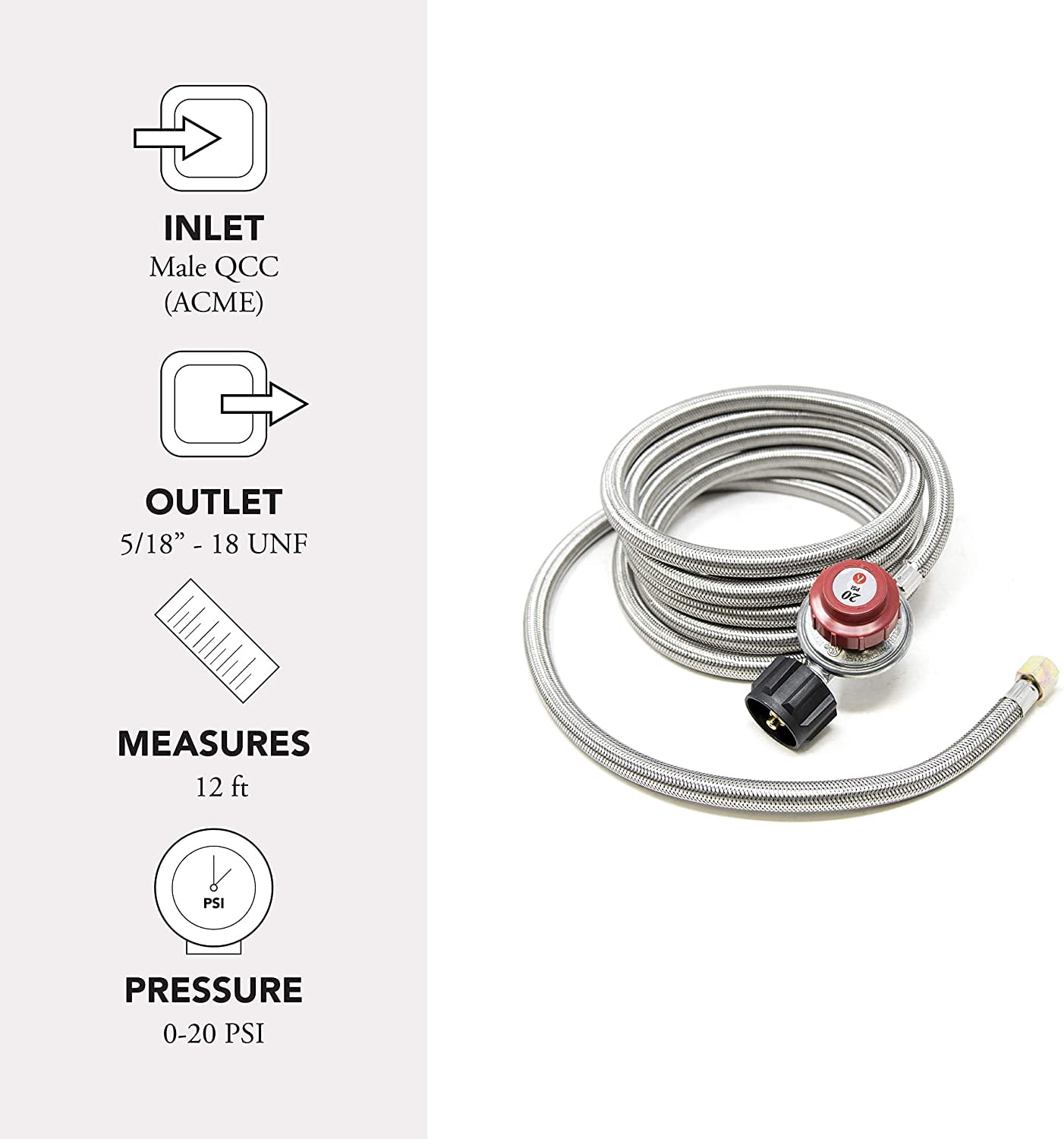 GasOne, 12 ft, High Pressure Propane 0-20 PSI Adjustable Regulator with QCC-1 Type Hose Gas Line Connector