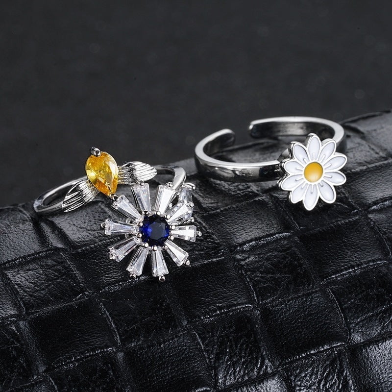 Turnable Floral Eye Anxiety Ring For Women Fidget Spinner Jewelry Copper Diamond Inlay Fashion Accessory For Everyday