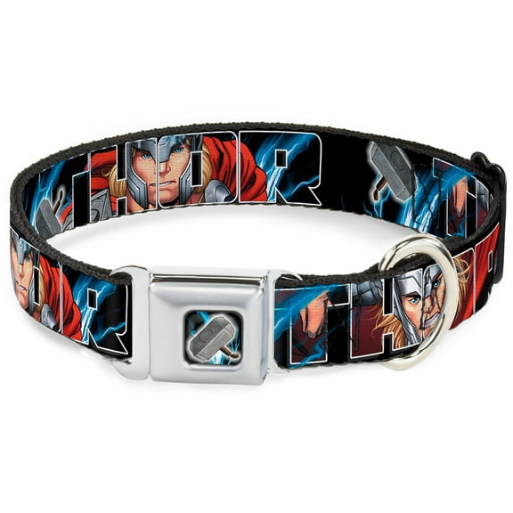 Marvel Comics Pet Collar, Dog Collar Metal Seatbelt Buckle, Thor Poses Hammer, 11 to 16.5 Inches 1.0 Inch Wide