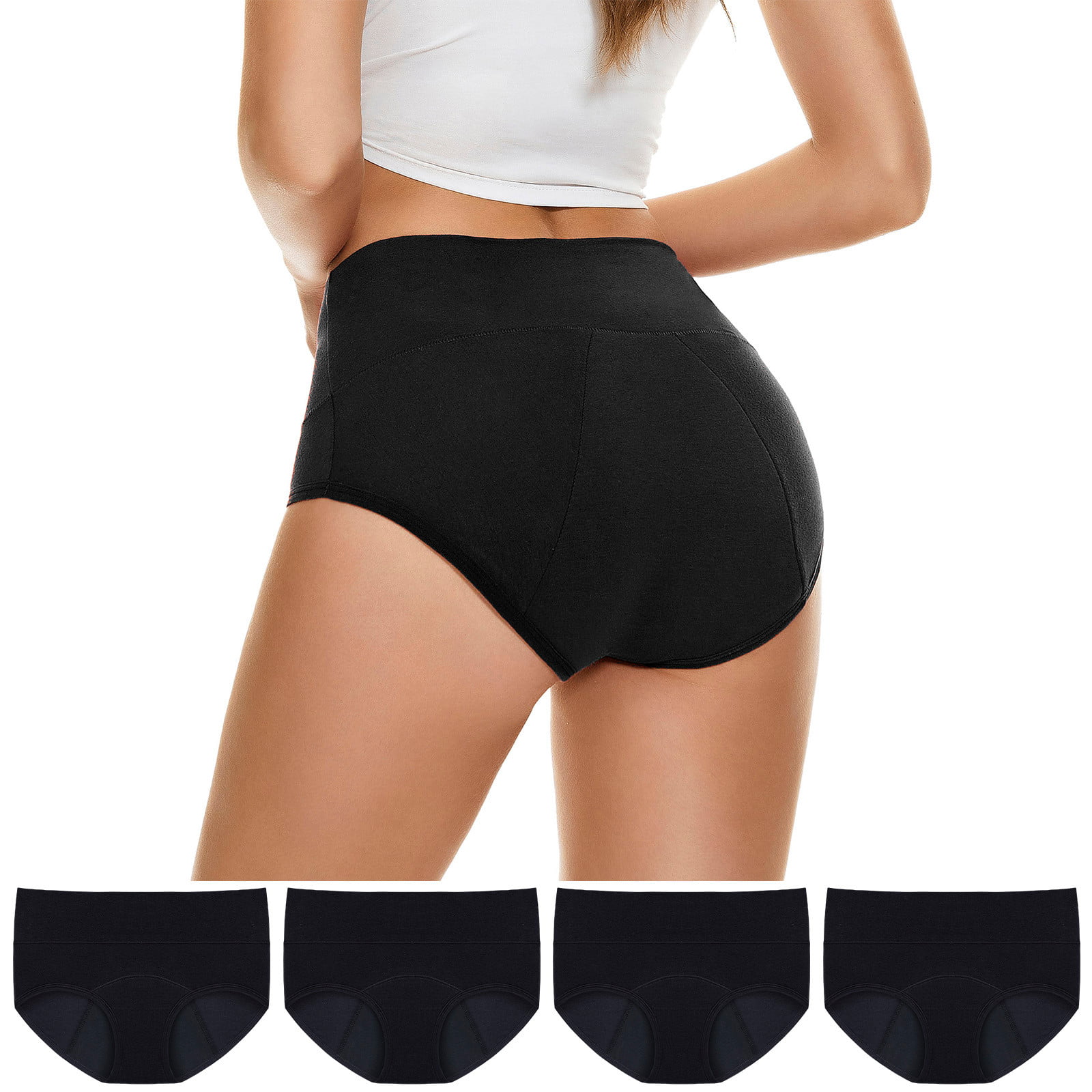 BOOMILK 4PCS Women Period Underwear Plus Size High Waist Leakproof  Absorbent Menstrual Panties Comfy Cotton Briefs