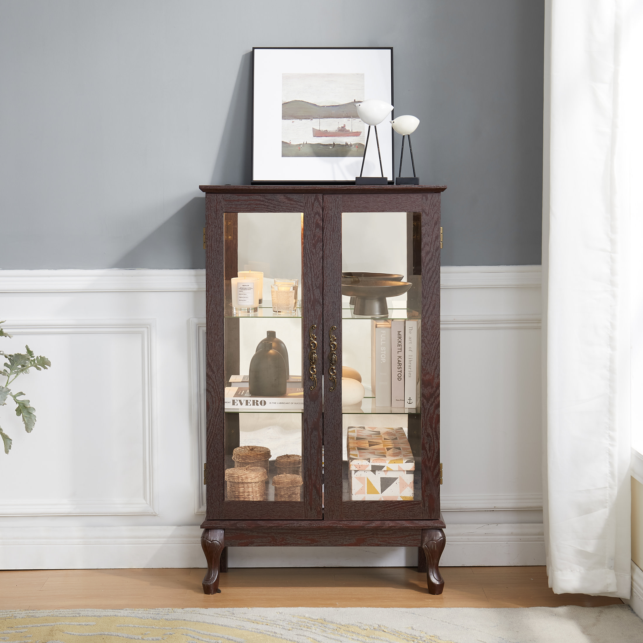 Noble House Elshore Lighted Curio Cabinet, 2-Door Glass Display with Mirrored Back, Adjustable Shelves, Dark Cherry