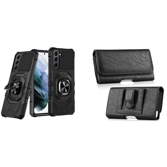 Case with Belt Holster Bundle for Samsung Galaxy S22 Ultra: Heavy Duty Shield Cover (Black) and Coin Card Wallet Phone Pouch