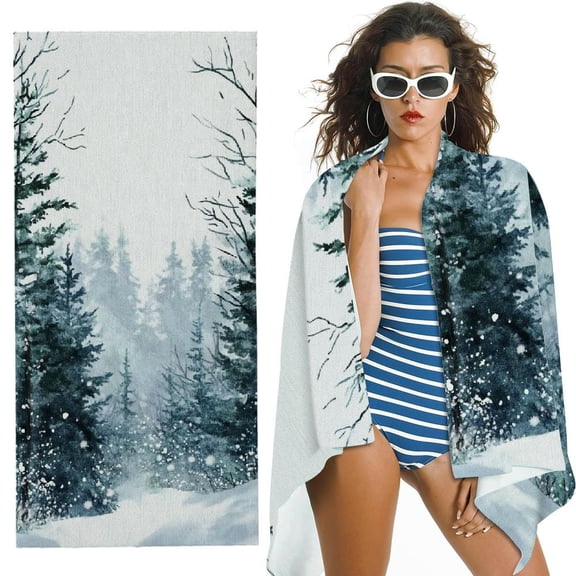 Heduofu Winter Forest Snow Scenery Bath Towel White Green Christmas Tree Kitchen Towel Xmas Bathroom Towel Highly Absorbent SPA Gym Shower Towels Holiday Decorations 30x60in