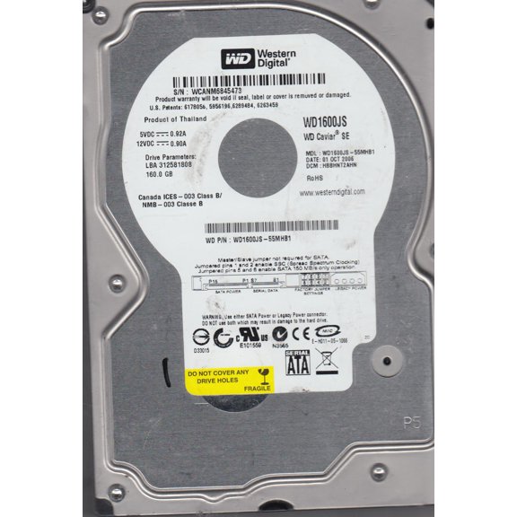 WD1600JS-55MHB1, DCM HBBHNT2AHN, Western Digital 160GB SATA 3.5 Hard Drive