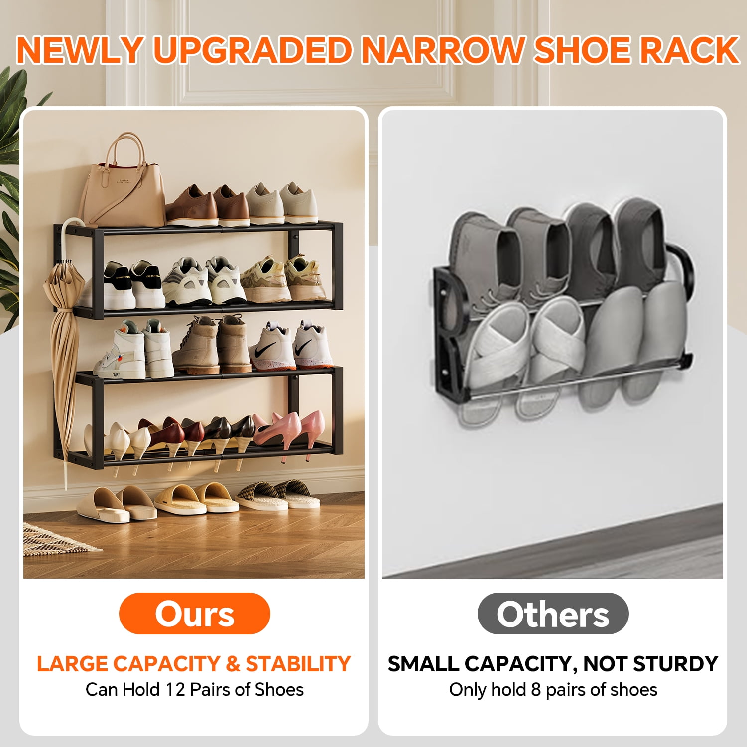 Hanging Shoe Organizer,2 Pack Wall Mounted Shoe Rack Holds 12 Pairs,Space Saving Metal Wall Shoe Rack,Hanging Shoe Rack Shoe Holder for Small Space,Entryway,Closet,RV,Camper（Black)