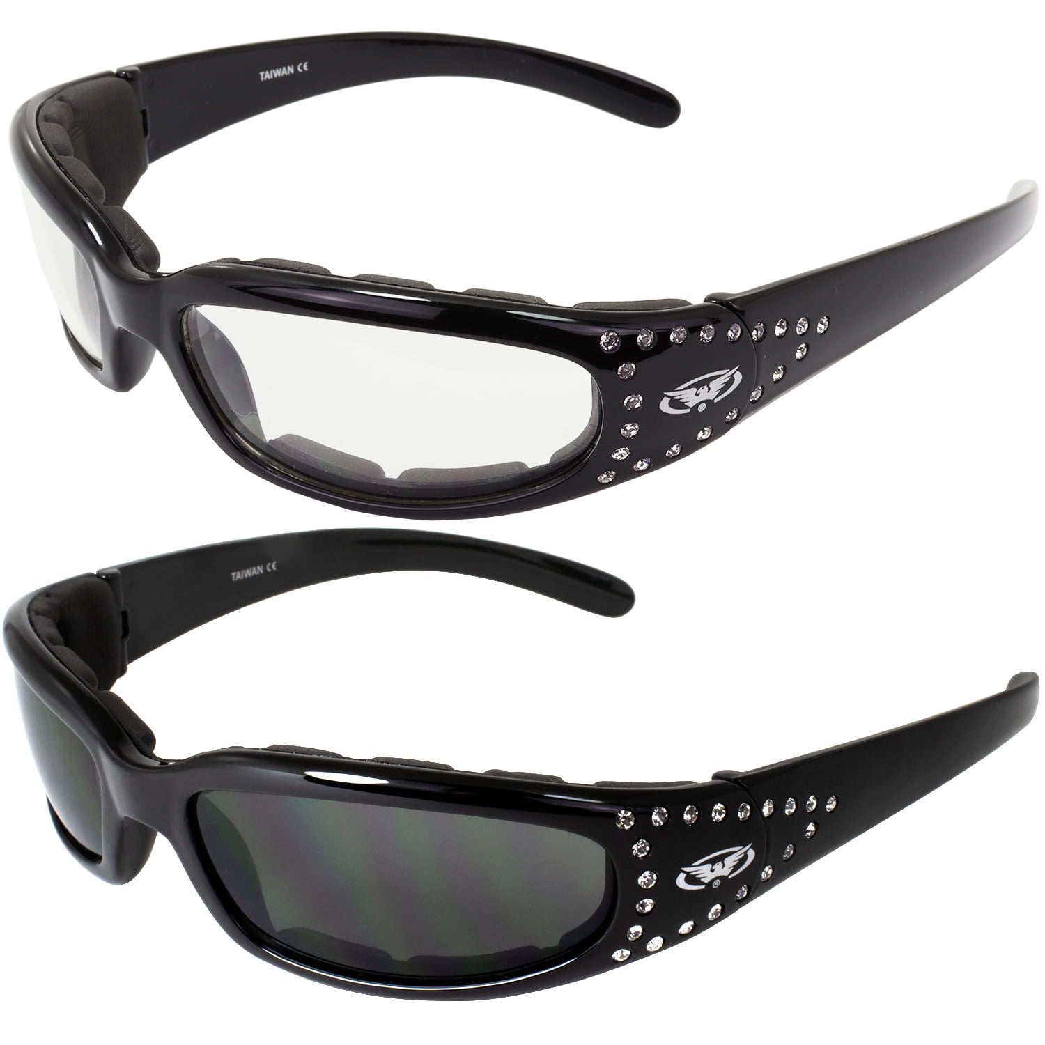 Set Of 2 Women Motorcycle Padded Sunglasses Glasses Clear And Smoked Rhinestones With Vented Eva