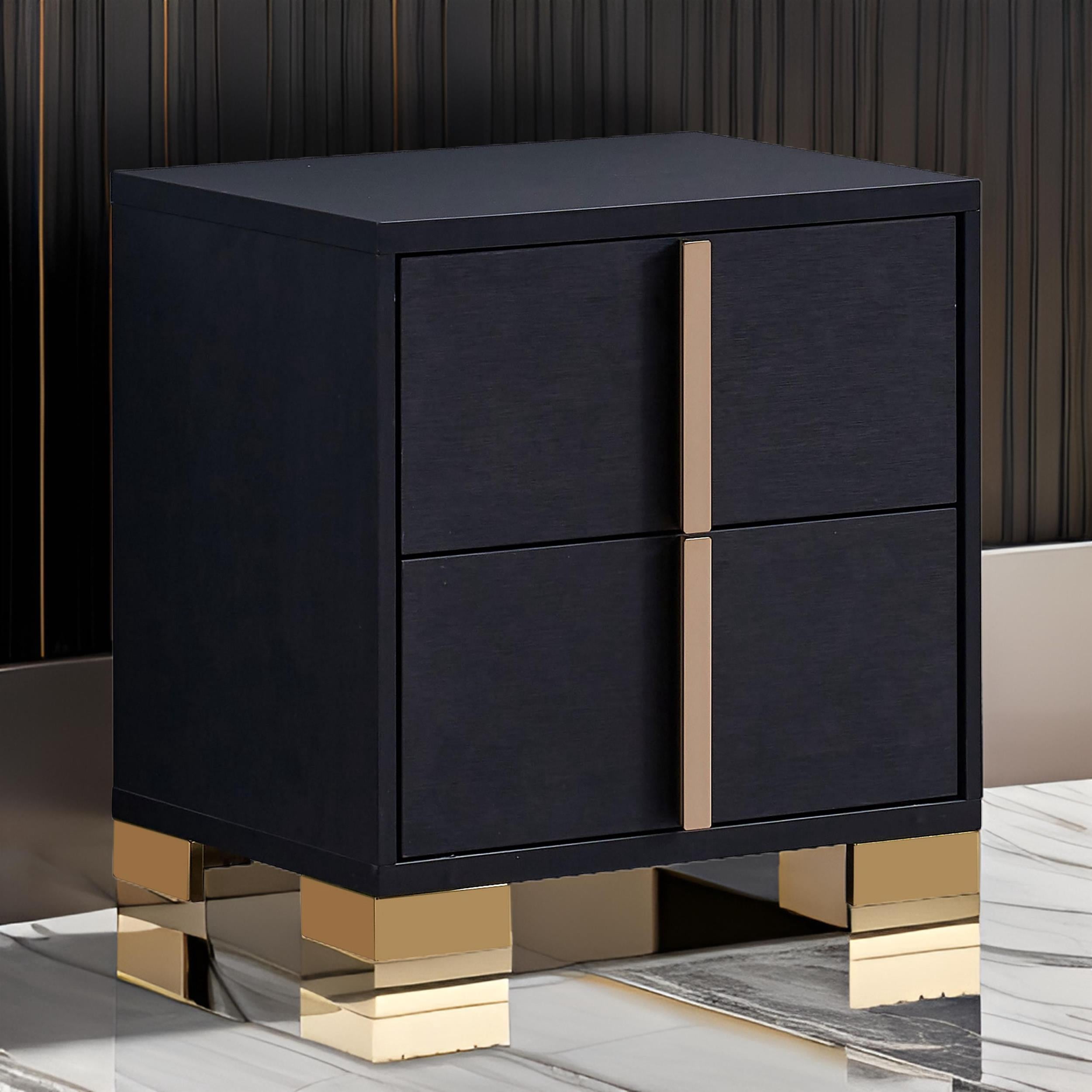 Dex 22 Inch Nightstand- 2 Drawers with Long Vertical Gold Handles- Black