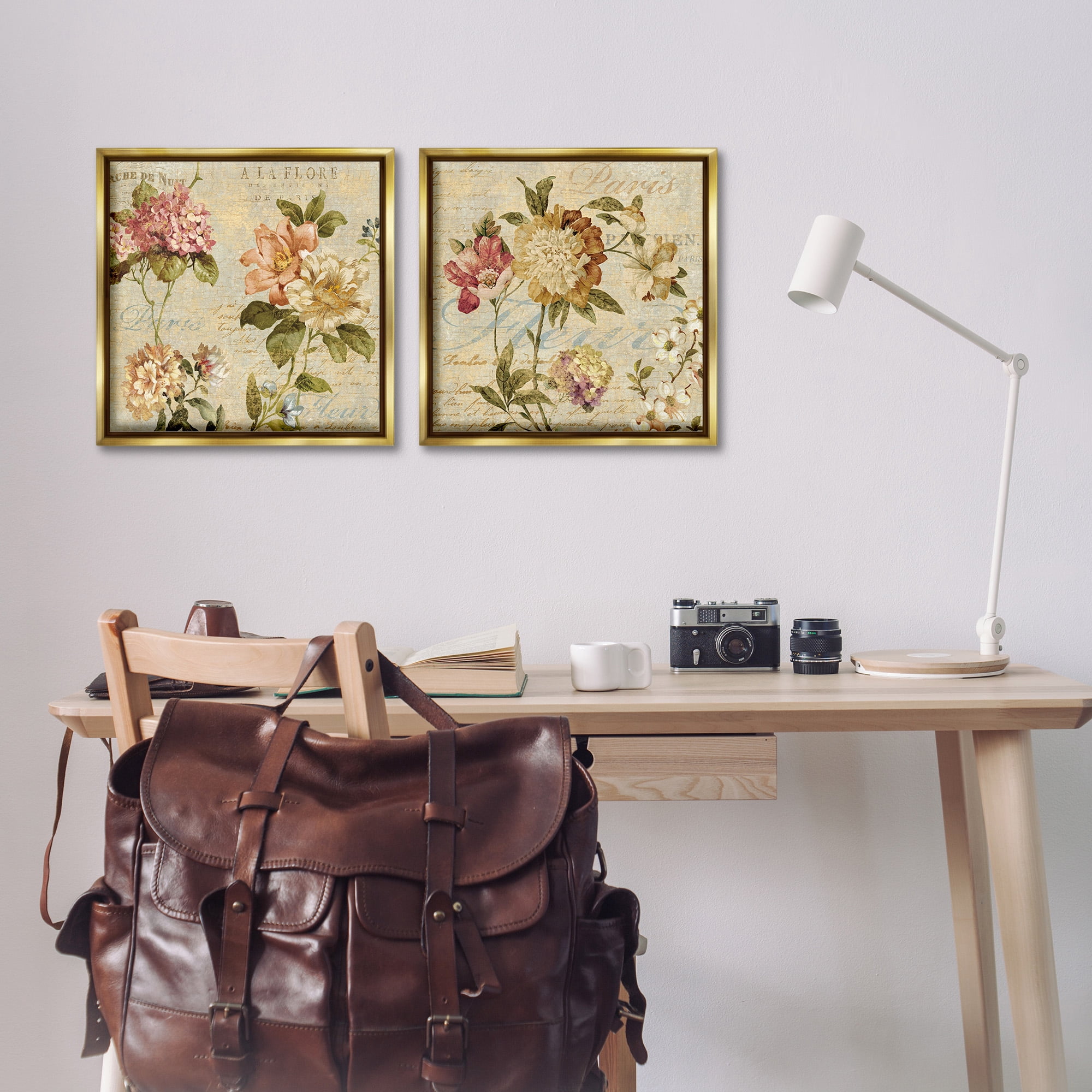 Stupell Industries Vintage French Floral with Script Botanical & Floral Painting Gold Floater Framed Canvas Art Print Wall Art, 18 x 18, Set of 2