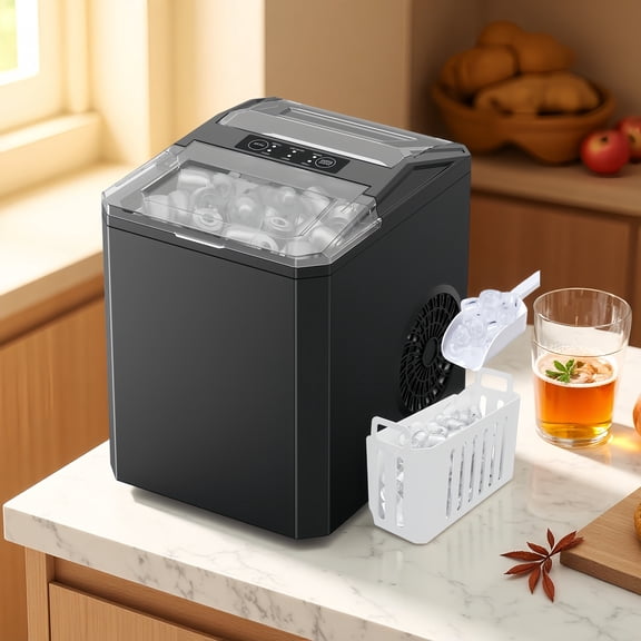 Countertop Ice Maker, Portable Ice Machine Self-Cleaning, 9 Cubes in 6 Mins, 26 lbs/24Hrs, 2 Sizes of Bullet Ice for Home Party Office,Elegant Black
