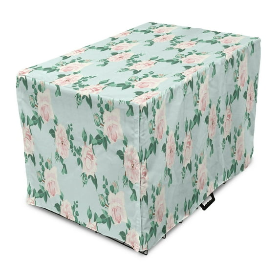 Floral Dog Crate Cover, Repeating Pastel Soft Rose Flowers Leaves Illustration, Easy to Use Pet Kennel Cover Small Dogs Puppies Kittens, 7 Sizes, Blue Blush, by Ambesonne