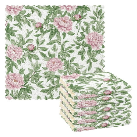 WOBOGO Pink Peonies Pattern Kitchen Towels 6pcs Ultra Soft Absorbent Quick Drying Dish Cloths 11×11inch