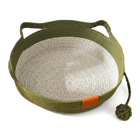 Pets Hand Woven Cotton Cat Bed Basket, Round Cat Sleeping Nest with Built-in Scratching Pad Handwoven Foldable Scratchable for Small & Large pet