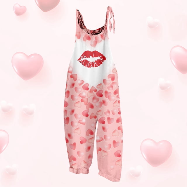 WILLBEST Jeans pour Femmes Tendance Mode Saint-Valentin Imprimé Bretelles Col Rond Combinaison (2) Pantalon Femmes