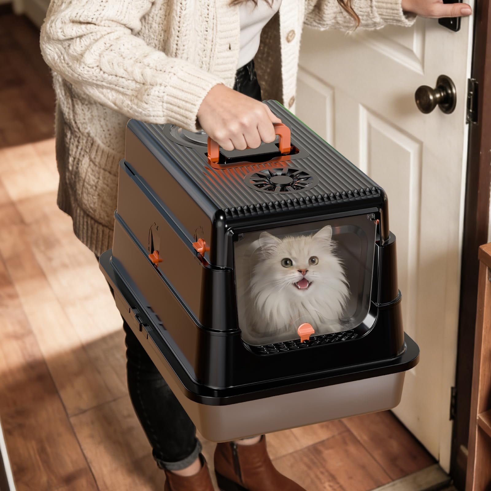 Stainless Steel Cat Litter Box Black X-Large Enclosed High Sides with Flip Lid