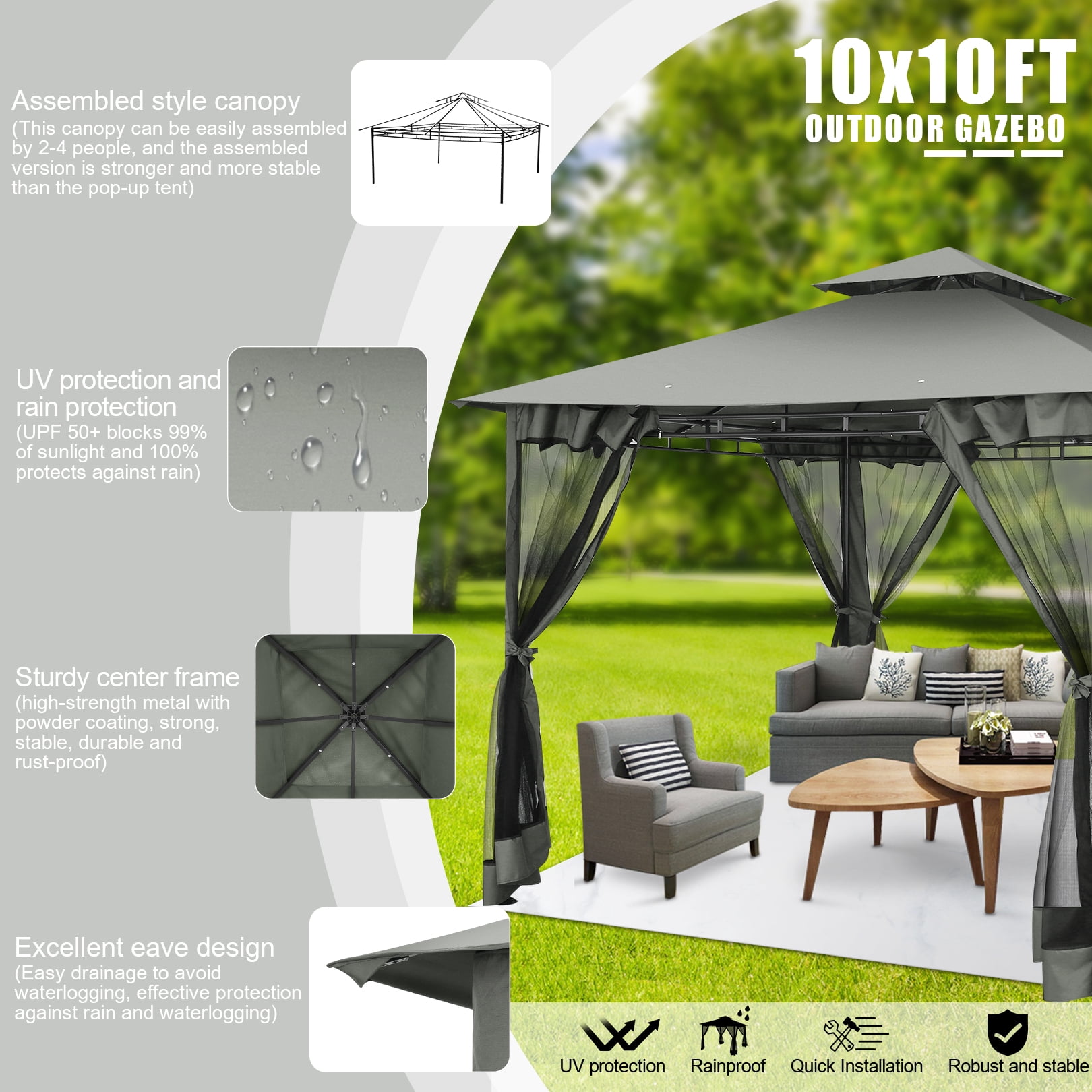 HOTEEL 10x10 Gazebos for Patios, Canopy Tent Outdoor Gazebo Backyard Gazebo Patio with Mosquito Netting and Double Roof for Party, Wedding, BBQ and EventQ, Gray