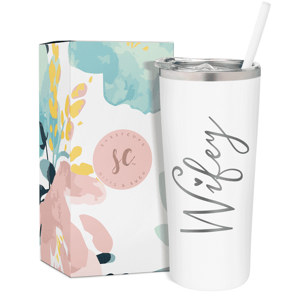 SassyCups Wifey Tumbler | 22 Ounce White with Silver Stainless Steel Insulated Tumbler with Lid and Straw | Bridal Shower | Bride Tumbler | Enagaged | Wife Anniversary | Wife Birthday