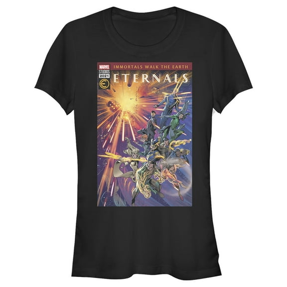 Junior's Marvel Eternals Immortals Walk the Earth Comic Book Cover  Graphic Tee Black 2X Large