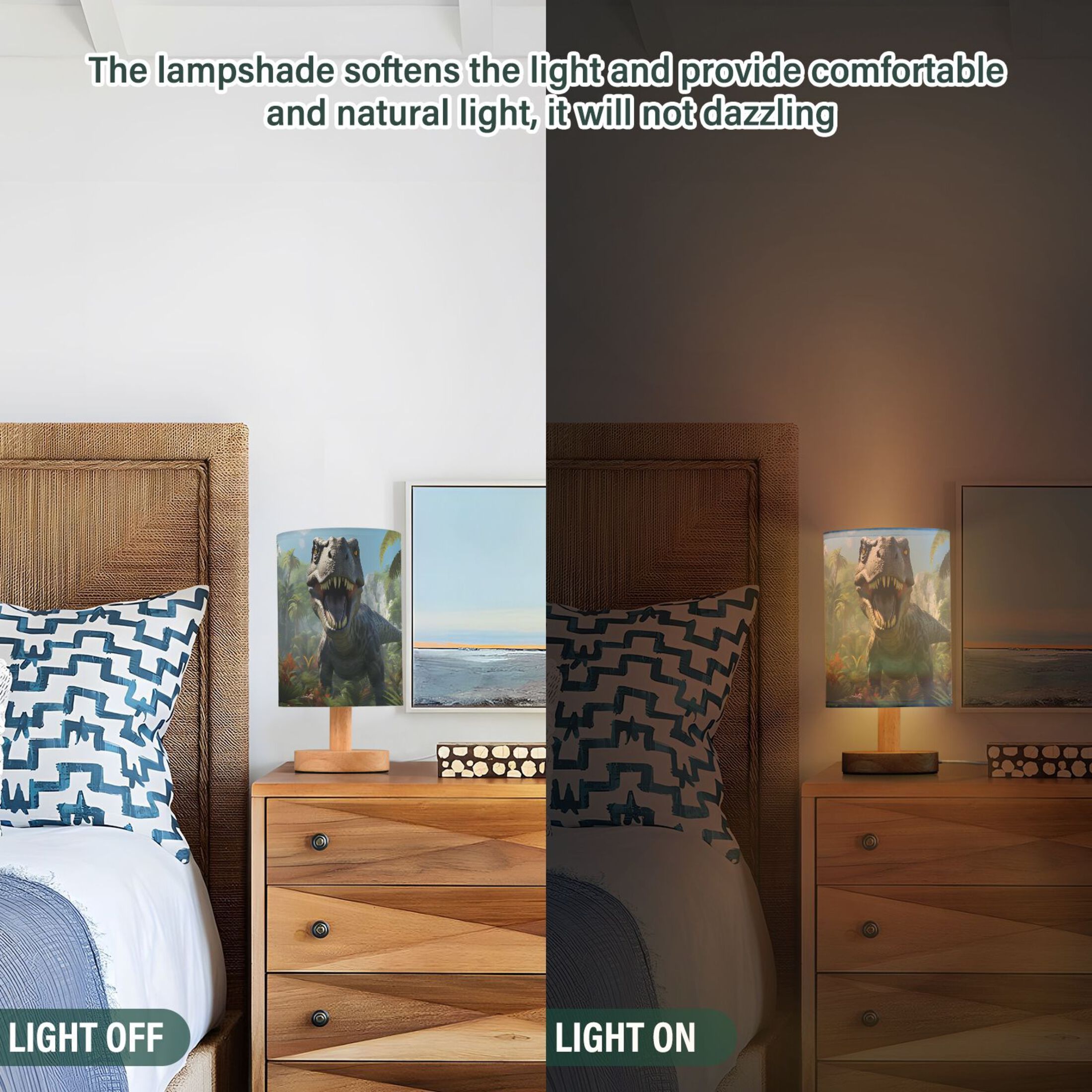 Dinosaur Trees Forest Sky Leaves Table Lamp USB Bedside Desk Nightstand Lamp Printed Gifts Small Lamp Wood Base for Bedroom Living Room Kids Room College Dorm