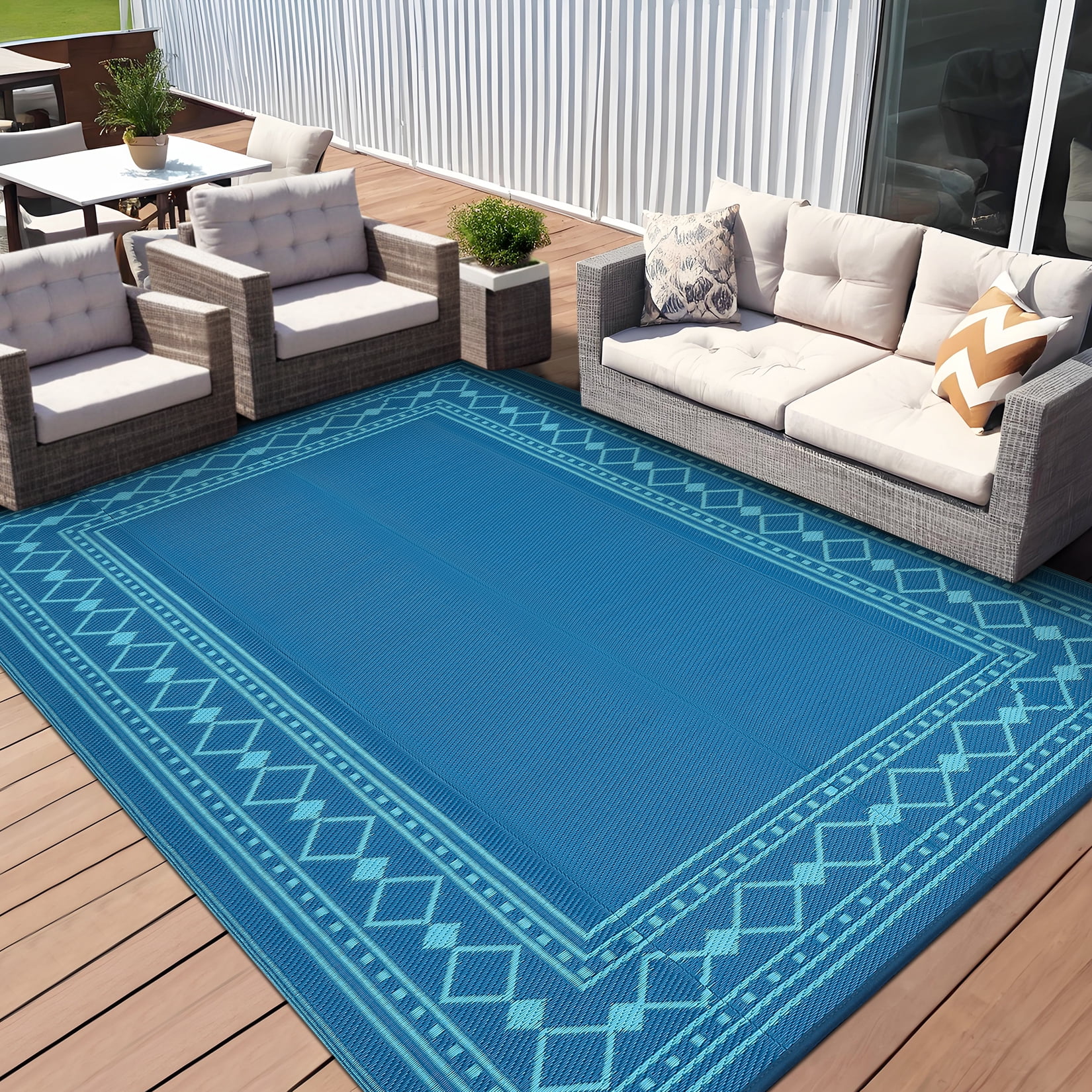 Garvee 9'x18' Outdoor Rug Modern Bordered Geometric Rug Waterproof Reversible Plastic Straw Rug for Patio Camping RV Balcony Backyard, Blue Green