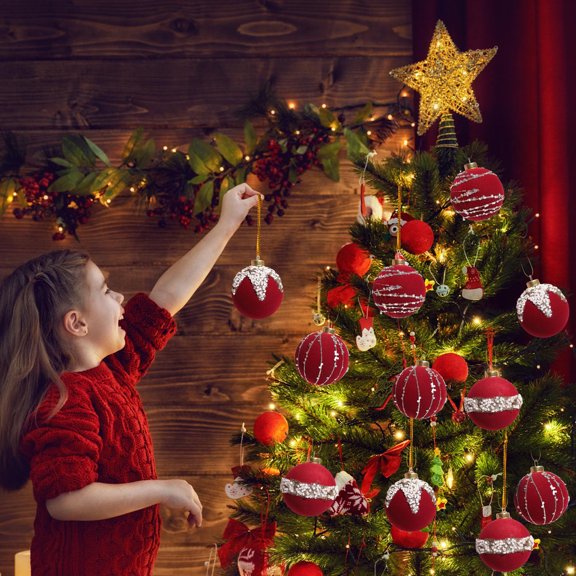 VAJUSO 12 Pcs Flocked and Beaded Christmas Balls Decorative Ornaments Hanging Baubles Xmas Tree Holiday Party Seasonal Home Decoration Accessories Wine