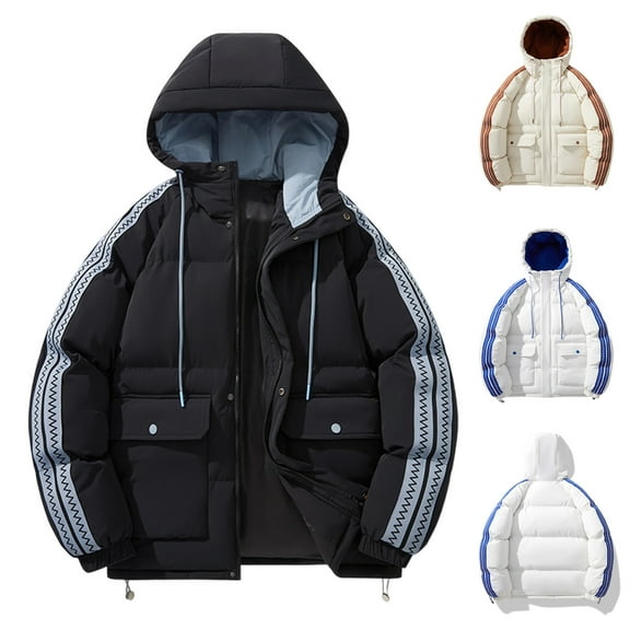 FRSASU Men's Hooded Winter Puffer Jacket Fleece Warm Bubble Coat Outerwear Cold Weather Thick Velvet Warm Cotton Jacket White