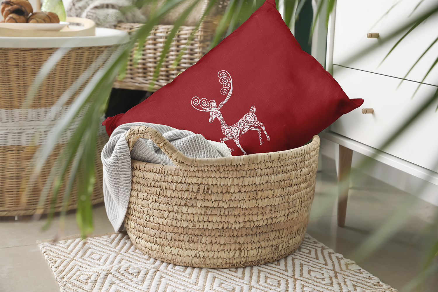 20" x 14" Simply Daisy Fancy Holiday Reindeer Polyester Indoor/Outdoor Pillow, Muted Red (1 Count)