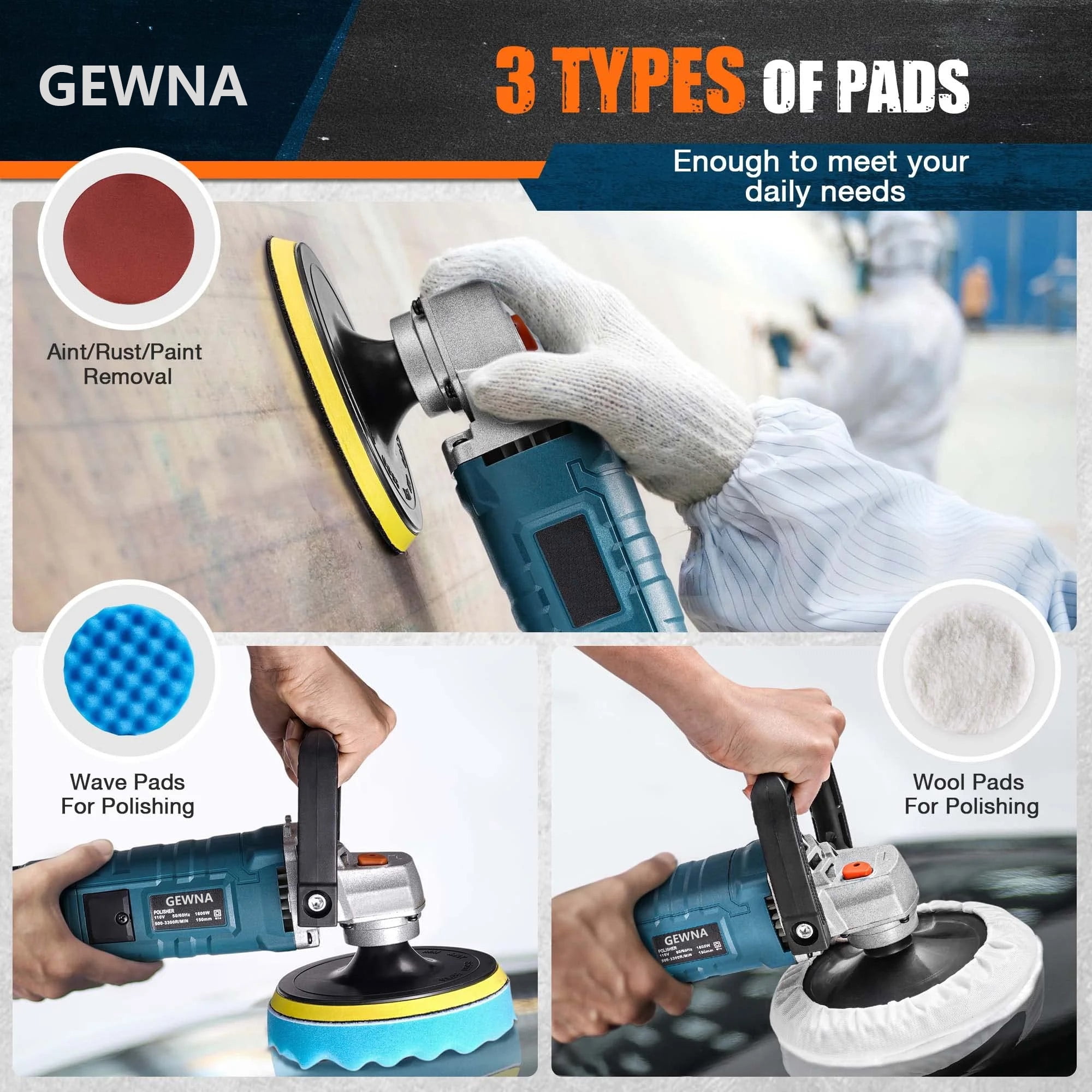 DNYKER Buffer Polisher, 1600W 7 Inch/6 Inch Rotary Buffer Polisher Waxer, 8 Variable Speeds 500-3600 RPM, Detachable Handle Buffing Machine For Car