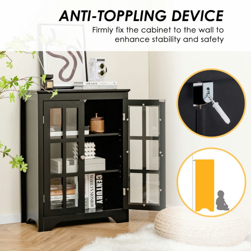 Finihen Storage Cabinet, Floor Cabinet, Freestanding Display Storage Cabinet with 2 Glass Doors and Adjustable Shelves, for Bathroom, Living Room, Bedroom, Kitchen, Black