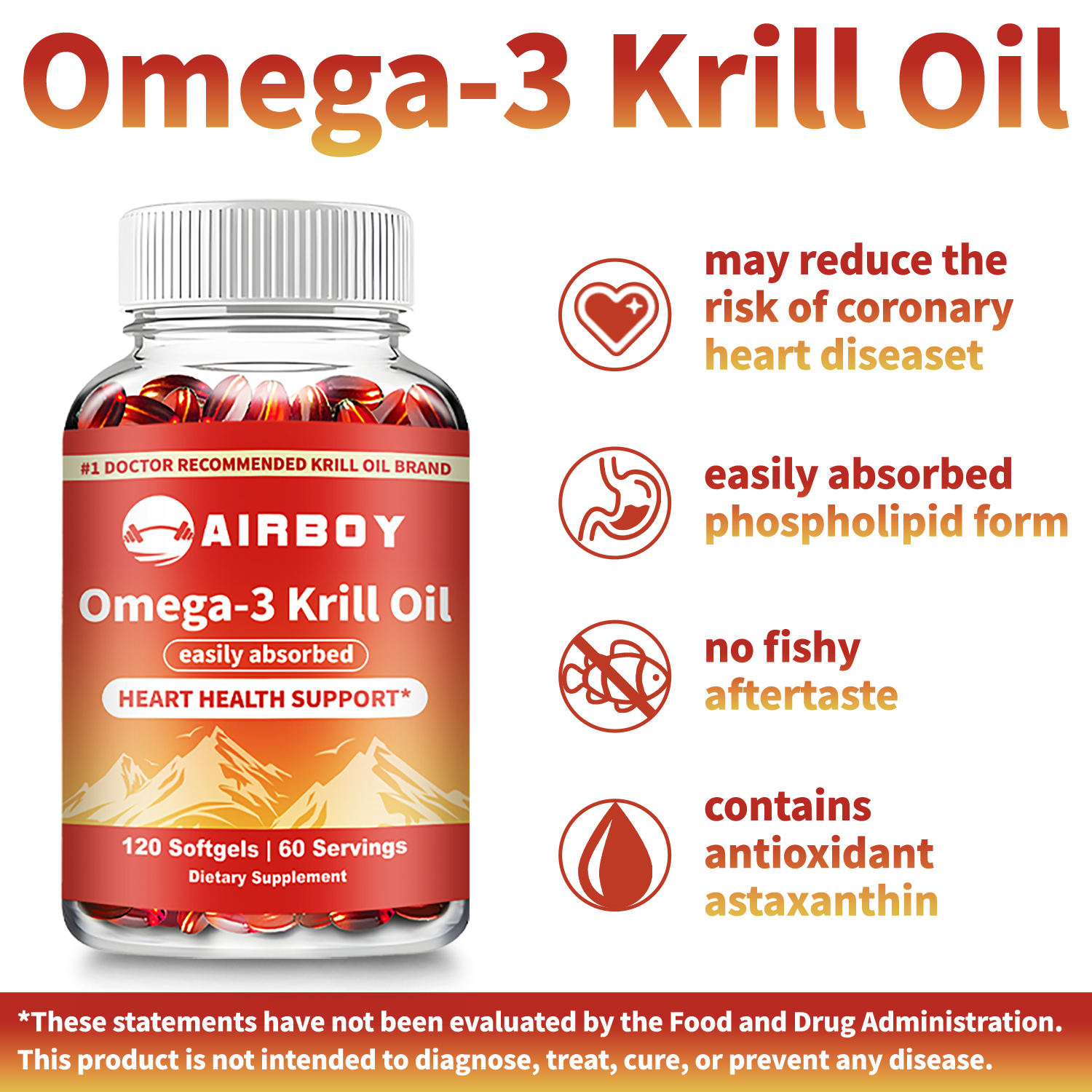 Airboy Omega-3 Krill Oil -Astaxanthin,EPA,DHA -Supports Heart,Brain ...