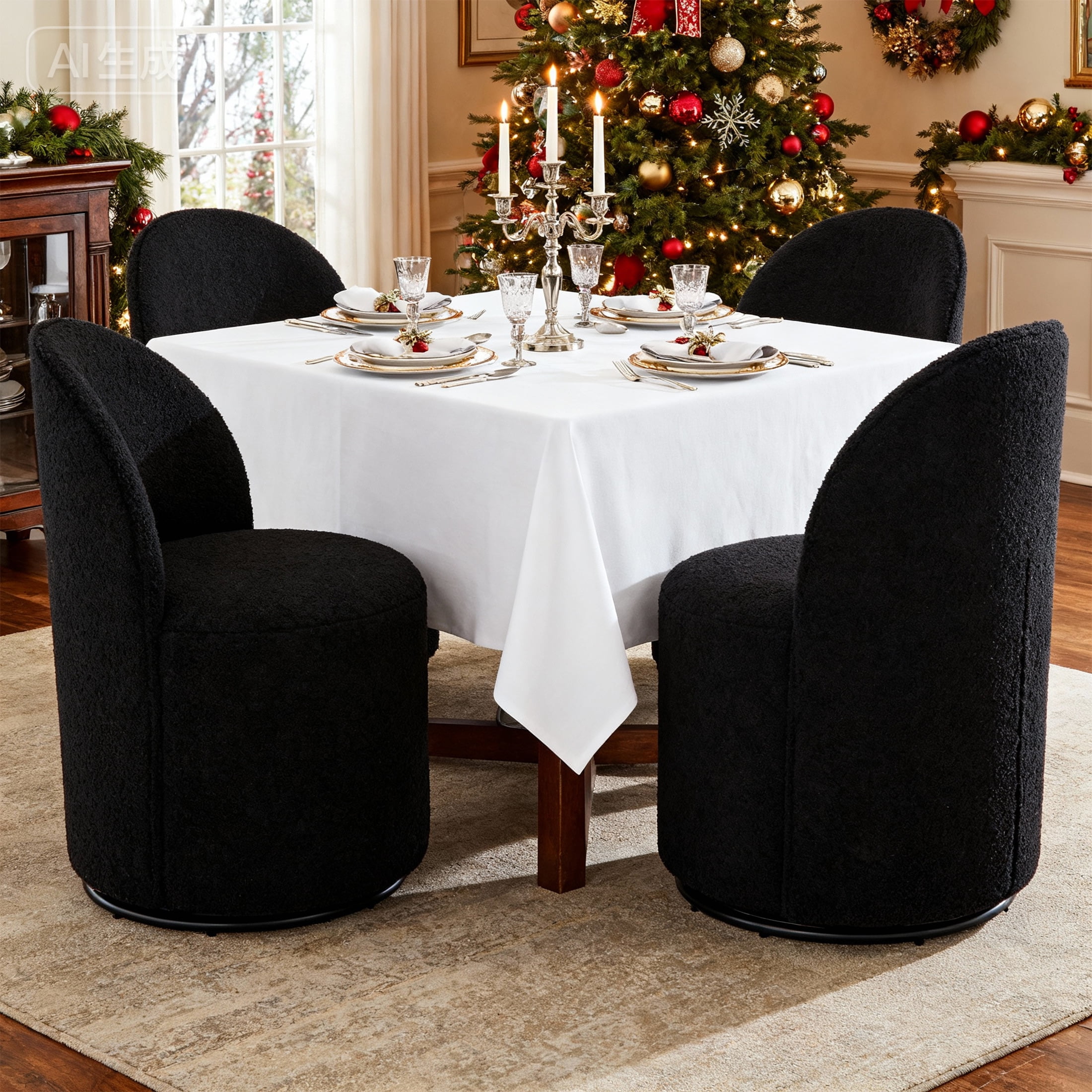 Guyou 360° Swivel Barrel Dining Chair Set of 1, Mid-Century Modern Upholstered Barrel Accent Chair, Sherpa Round Vanity Chair for Dining Room Living Room Bedroom, Black