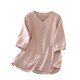 thumbnail image 3 of TaTaai Women's V-Neck Cotton Linen Top, Soft Breathable, Loose Fit, 3/4 Sleeve, Solid Color Button Detail, Casual Daily Spring Summer Outings Multi-Color Gift, 3 of 6