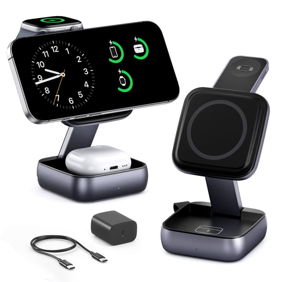 Imego Foldable 3-in-1 Magnetic Wireless Charger Compatible for iPhone 17-12, Apple Watch & AirPods Pro - Fast Travel Power Station Black
