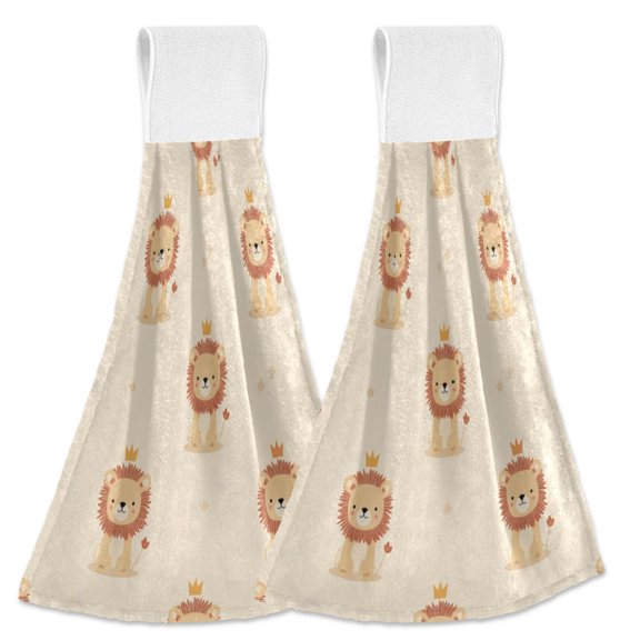 Seamless Sitting Lion Cute Hanging Towels with Loop Hand Towels Nylon Fastener Tape Design Dish Cloths 2 Pcs