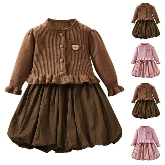 ATOGUTA Girl Sleeveless Sweater Dresses and Long Sleeve Ruffle Knitted Cardigan 2 Piece Fall Outfits Size 1T-7, Brown