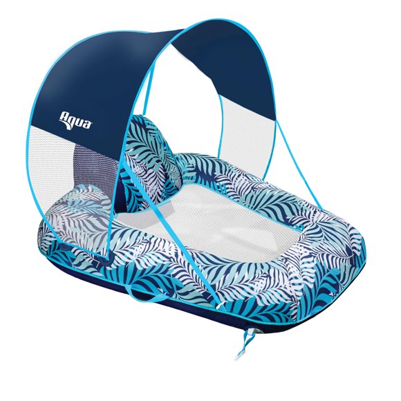Nouvelle Chaise de Piscine Aqua Zéro Gravité avec Auvent Pare-Soleil et Porte-Gobelet Fougère Bleue