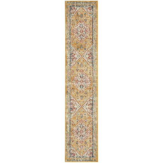homeroots home decor 385560 2’ x 10’ Ivory and Yellow Center Medallion Runner Rug