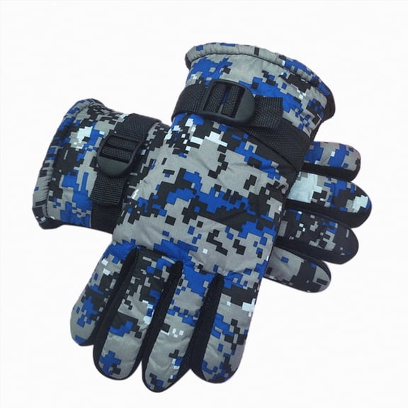 CAICJ98 Kids Cold Weather Waterproof Camo Print Winter Gloves Outdoor Warm Ski Gloves Mittens for Boys Girls 8-12 Years,Blue