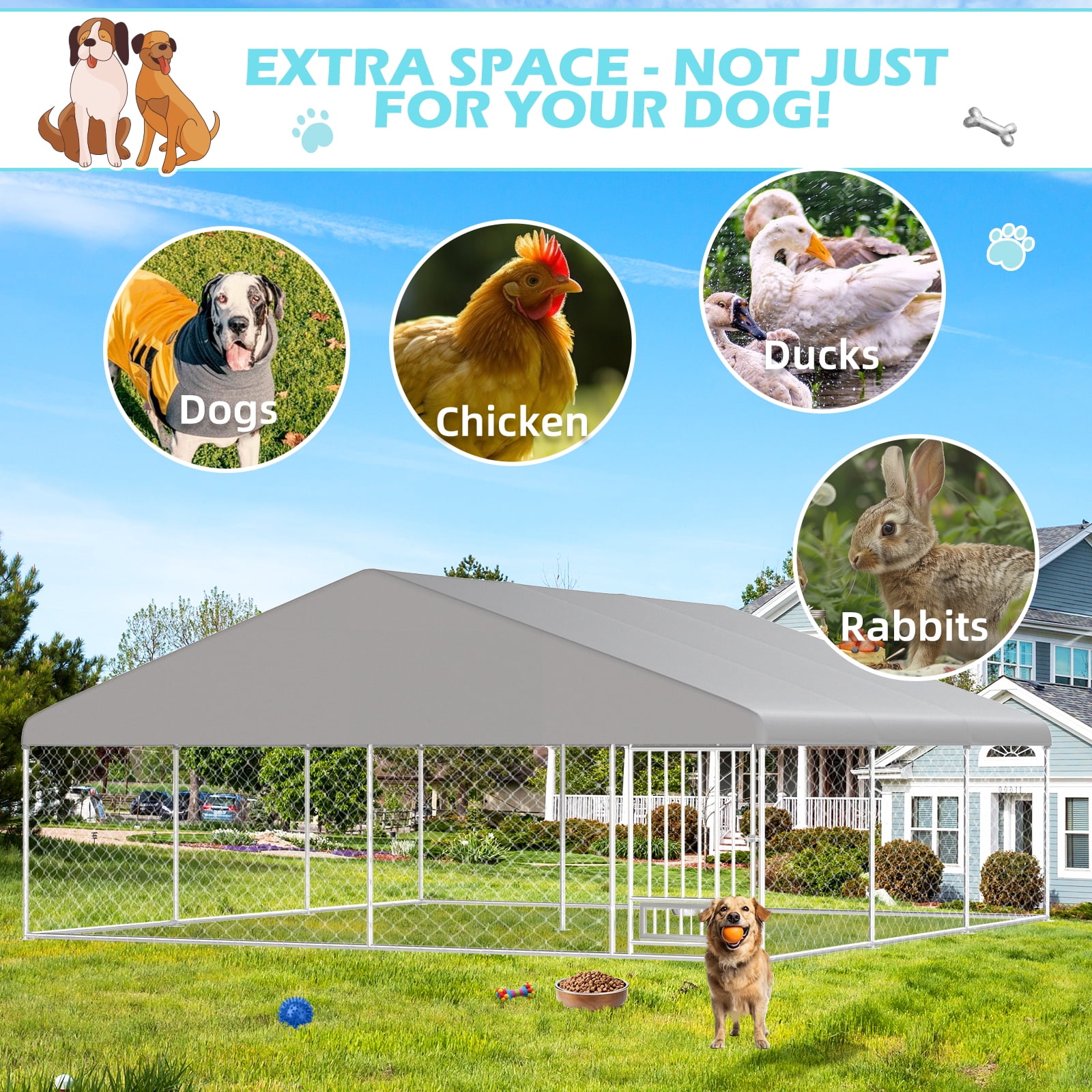 Erinnyees 15FT Outdoor Dog Kennel, Extra Large Dog House Pen Enclosure with Roof, Rotated Dog Bowls, Secure Lock, Wateproof Sunproof Cover