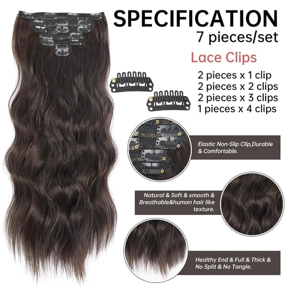 WEIF-Clip in Hair Extensions for Women,7PCS 16 Inch Dark Brown Hair Extensions Clip Ins Soft and Natural Hair Pieces for Women Thick Long Wavy Hair