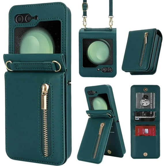 for Samsung Galaxy Z Flip6 Wallet Case with 4 Card Holder and 1 Zipper Slot Crossbody Strap Lanyard and Stylish PU Leather Shockproof Protective Cover- 8 Color